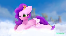 Size: 1600x874 | Tagged: safe, artist:ponipan341, pipp petals, pegasus, pony, g5, adorapipp, cloud, cute, female, jewelry, lying down, lying on a cloud, mare, on a cloud, one eye closed, tiara