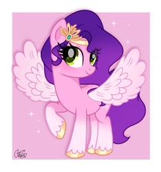 Size: 1080x1155 | Tagged: safe, artist:cstrawberrymilk, pipp petals, pegasus, pony, g4, g5, eye clipping through hair, female, g5 to g4, generation leap, raised hoof, smiling, solo, sparkles, spread wings, wings