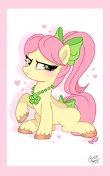 Size: 1080x1715 | Tagged: safe, artist:cstrawberrymilk, posey bloom, earth pony, pony, g4, g5, adoraposey, angry, blushing, bow, cute, female, frown, g5 to g4, generation leap, hair bow, heart, jewelry, madorable, mare, necklace, raised hoof, sitting, solo, tail, tail bow