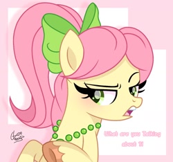 Size: 1154x1080 | Tagged: safe, artist:cstrawberrymilk, posey bloom, earth pony, pony, g4, g5, bow, bust, dialogue, female, g5 to g4, generation leap, hair bow, jewelry, mare, necklace, raised eyebrow, solo, talking, text