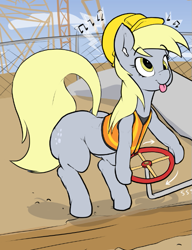 Size: 525x685 | Tagged: safe, artist:parumpi, derpy hooves, earth pony, pony, g4, :p, bipedal, bipedal leaning, bubble butt, butt, clothes, construction, construction pony, earbuds, female, fence, hard hat, hat, helmet, leaning, mare, music notes, plank, plot, race swap, raised tail, solo, tail, tongue out, turning, valve, wingless, wood