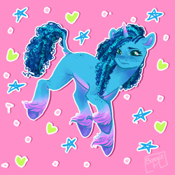 Size: 2000x2000 | Tagged: safe, artist:bonniem_x2, misty brightdawn, pony, unicorn, g5, my little pony: make your mark, female, freckles, heart, high res, pink background, simple background, solo, stars