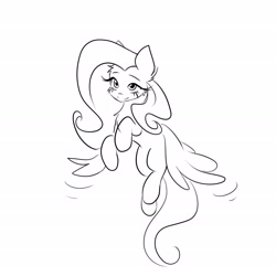 Size: 2480x2480 | Tagged: safe, artist:katputze, fluttershy, pegasus, pony, g4, black and white, chest fluff, female, flying, full body, grayscale, high res, long eyelashes, looking at you, mare, monochrome, simple background, smiling, smiling at you, solo, white background