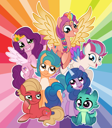Size: 3217x3673 | Tagged: safe, artist:squipycheetah, hitch trailblazer, izzy moonbow, pipp petals, sparky sparkeroni, sprout cloverleaf, sunny starscout, zipp storm, alicorn, dragon, earth pony, pegasus, pony, unicorn, g4, g5, baby, baby dragon, cute, female, g5 to g4, generation leap, happy, high res, looking at you, male, mane five, mane stripe sunny, mare, multicolored hair, outline, rainbow background, raised hoof, sitting, smiling, spread wings, sprout joins the mane five, stallion, white outline, wings