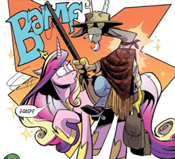 Size: 479x437 | Tagged: safe, idw, discord, princess cadance, alicorn, pony, g4, season 10, spoiler:comic, spoiler:comic102, bag, cigarette, comic, cowboy, crown, duo, duo male and female, fake gun, female, gasp, general discord, gun, jewelry, male, military, military hat, offscreen character, raised hoof, regalia, riding a pony, saddle, saddle bag, sparkles, tack, weapon