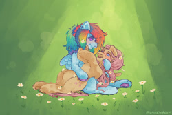 Size: 1280x854 | Tagged: safe, artist:coconutsoupp, fluttershy, rainbow dash, pegasus, pony, female, flower, flower in hair, flutterdash, holding a pony, lesbian, looking at each other, looking at someone, mare, shipping