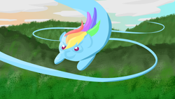 Size: 1920x1080 | Tagged: safe, artist:purblehoers, rainbow dash, cloud, flying, hill, long pony, solo, tree