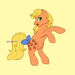 Size: 2048x2048 | Tagged: safe, artist:berrybovine, applejack (g1), earth pony, pony, g1, bow, female, high res, mare, open mouth, open smile, rearing, signature, simple background, smiling, solo, tail, tail bow, yellow background