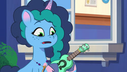 Size: 2220x1248 | Tagged: safe, screencap, misty brightdawn, pony, unicorn, dragon dad, g5, my little pony: tell your tale, spoiler:g5, spoiler:my little pony: tell your tale, spoiler:tyts01e29, female, guitar, jewelry, mare, medallion, musical instrument, necklace, open mouth, solo, ukulele, youtube link
