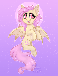 Size: 1000x1300 | Tagged: safe, artist:fanaticpanda, fluttershy, bat pony, pony, g4, cute, fangs, female, flutterbat, gradient background, mare, open mouth, open smile, race swap, shyabates, shyabetes, smiling, solo, sparkles, wingding eyes