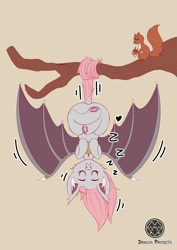 Size: 2896x4096 | Tagged: safe, artist:draconightmarenight, oc, oc:cotton puff, bat pony, pony, squirrel, bat wings, colored sketch, cute, fangs, food, hanging, hanging upside down, herbivore, mango, monthly reward, sleeping, smug smile, solo, tree, tree branch, upside down, wings