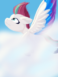 Size: 1536x2048 | Tagged: safe, artist:php176, derpibooru exclusive, zipp storm, pegasus, pony, g5, blue eyes, blue wings, cloud, colored hooves, digital art, ears back, female, flying, lineless, mare, peaceful, pink mane, shading, side view, sky, smiling, solo, sparkly eyes, spread wings, wingding eyes, wings