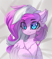 Size: 3282x3698 | Tagged: safe, artist:jfrxd, oc, oc only, pegasus, pony, abstract background, bust, commission, eye clipping through hair, eyebrows, eyebrows visible through hair, female, looking at you, mare, smiling, solo, white pupils