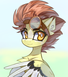 Size: 3282x3698 | Tagged: safe, artist:jfrxd, oc, oc only, pegasus, pony, bust, chest fluff, colored wings, colored wingtips, female, goggles, looking at you, mare, smiling, solo, white pupils, wings