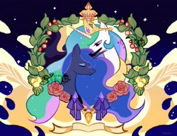 Size: 3300x2550 | Tagged: safe, artist:tabithaqu, princess celestia, princess luna, alicorn, pony, g4, bust, duo, eyes closed, female, high res, mare, royal sisters, siblings, sisters, wreath