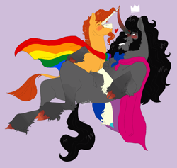 Size: 1598x1513 | Tagged: safe, artist:d3pressedr4inbow, king sombra, sunburst, classical unicorn, pony, unicorn, g4, bisexual pride flag, blushing, bridal carry, cape, carrying, clothes, cloven hooves, duo, duo male, floating heart, gay, gay pride flag, heart, horn, leonine tail, male, pride, pride flag, purple background, shipping, simple background, somburst, stallion, unshorn fetlocks