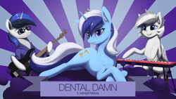Size: 2400x1349 | Tagged: safe, artist:mrscroup, minuette, oc, oc:pegasys, pegasus, pony, unicorn, g4, bass guitar, crossed hooves, female, keyboard, looking at you, lying down, mare, musical instrument, prone, song cover