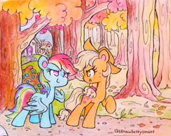 Size: 2048x1628 | Tagged: safe, artist:flutterberrypie, applejack, rainbow dash, earth pony, pegasus, pony, fall weather friends, g4, season 1, autumn, cute, dashabetes, duo, duo female, featured image, female, forest, jackabetes, leaves, lesbian, looking at each other, looking at someone, running of the leaves, ship:appledash, shipping, signature, smiling, traditional art