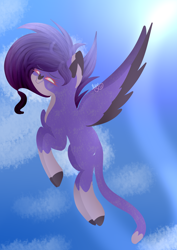 Size: 2480x3508 | Tagged: safe, artist:thecommandermiky, oc, cheetah, hybrid, pegasus, pony, cloud, flying, high res, sky, solo