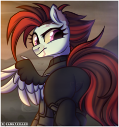Size: 3217x3444 | Tagged: safe, artist:kannakiller, oc, oc:appreciating freedom, pegasus, pony, fallout equestria, butt, clothes, digital art, eyelashes, female, gift art, half body, high res, looking at you, looking back, mare, pegasus oc, plot, scar, sketch, solo, tail, wings