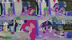 Size: 4400x2475 | Tagged: safe, edit, edited screencap, editor:quoterific, screencap, applejack, pinkie pie, rarity, spike, twilight sparkle, alicorn, dragon, pony, g4, sparkle's seven, belly, book, chalkboard, cutie map, floppy ears, magnifying glass, pencil, scroll, twilight sparkle (alicorn), twilight's castle, winged spike, wings