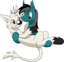 Size: 2458x2394 | Tagged: safe, artist:emc-blingds, oc, oc only, earth pony, pony, unicorn, bridal carry, carrying, earth pony oc, glasses, high res, horn, leonine tail, male, simple background, smiling, stallion, tail, transparent background, unicorn oc