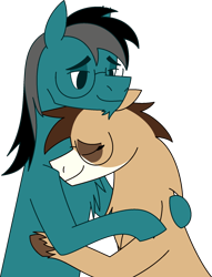 Size: 1440x1880 | Tagged: safe, artist:emc-blingds, oc, oc only, earth pony, pony, duo, earth pony oc, eyes closed, facial hair, glasses, hug, male, simple background, smiling, stallion, transparent background, unshorn fetlocks