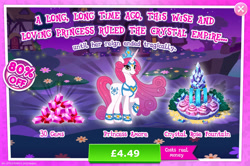 Size: 1961x1302 | Tagged: safe, gameloft, idw, princess amore, pony, unicorn, g4, my little pony: magic princess, advertisement, bush, costs real money, crown, crystal, english, fountain, gem, horn, introduction card, jewelry, numbers, regalia, sale, solo, tail, text, water