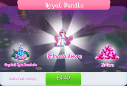 Size: 1267x860 | Tagged: safe, gameloft, idw, princess amore, pony, unicorn, g4, my little pony: magic princess, bundle, bush, costs real money, crown, crystal, fountain, gem, golden oaks library, horn, jewelry, regalia, royal bundle, tail, water