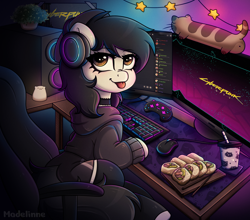 Size: 2600x2284 | Tagged: safe, artist:madelinne, oc, oc only, oc:mod pone the mod, earth pony, pony, :p, chair, commission, computer, cup, cyberpunk 2077, drink, earth pony oc, female, food, gamer, gamer girl, gaming chair, gaming headset, headphones, headset, high res, keyboard, lights, looking at you, mare, neon, office chair, pc, playing, plushie, room, sitting, solo, sushi, tongue out