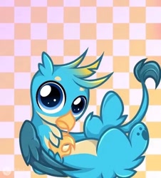 Size: 470x520 | Tagged: safe, artist:lanlanlc, gallus, griffon, g4, adorable face, baby gallus, bow, checkered background, chest fluff, ear fluff, folded wings, looking at you, lovely, male, solo, tail, tail wag, wings, younger