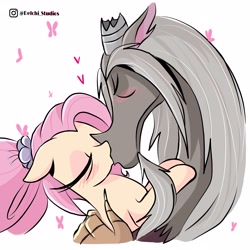 Size: 3000x3000 | Tagged: safe, artist:naquelinedelch2, discord, fluttershy, butterfly, draconequus, pegasus, pony, g5, spoiler:g5comic, blushing, broken horn, eyes closed, female, flower, flower in hair, high res, horn, instagram, kiss on the lips, kissing, male, old man discord, older, older fluttershy, ship:discoshy, shipping, straight