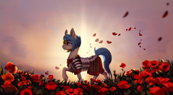 Size: 4518x2500 | Tagged: safe, artist:28gooddays, oc, oc only, pony, unicorn, armor, broken horn, commission, flower, horn, poppy, scenery, solo