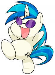 Size: 1085x1480 | Tagged: safe, artist:batipin, dj pon-3, vinyl scratch, pony, unicorn, g4, chibi, cute, female, happy, mare, open mouth, simple background, solo, sunglasses, vinyl's glasses, volumetric mouth, white background