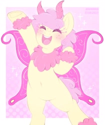 Size: 1640x1950 | Tagged: safe, artist:adostume, oc, oc only, oc:light violet, moth, mothpony, original species, belly button, bipedal, blushing, chest fluff, commissioner:luxorianin, cute, eyes closed, freckles, hoof fluff, ocbetes, smiling, solo, underhoof