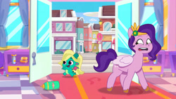 Size: 2220x1248 | Tagged: safe, screencap, pipp petals, sparky sparkeroni, dragon, pegasus, pony, dragon dad, g5, my little pony: tell your tale, spoiler:g5, spoiler:my little pony: tell your tale, spoiler:tyts01e29, baby, baby dragon, duo, duo male and female, female, hair, headband, jewelry, male, mare, open mouth, open smile, regalia, running, smiling, wig, youtube link