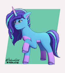 Size: 1625x1823 | Tagged: safe, artist:autumnsfur, misty brightdawn, pony, unicorn, g5, my little pony: make your mark, blue coat, blue mane, blushing, chest fluff, curly hair, curly tail, female, fluffy, freckles, full body, gradient hooves, hooves, icon, mare, missing cutie mark, multicolored hair, no cutie marks yet, shy, signature, simple background, solo, tail, unshorn fetlocks