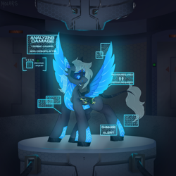 Size: 2300x2300 | Tagged: safe, artist:molars, oc, oc only, oc:amika, original species, pegasus, plane pony, pony, robot, robot pony, augmented, blue, commission, cyberpunk, damaged, detailed background, doors, glowing, glowing wings, high res, leonine tail, plane, science fiction, solo, sparks, spread wings, synthwave, tail, translucent mane, wings, wires
