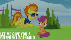 Size: 1920x1080 | Tagged: safe, edit, edited screencap, editor:quoterific, screencap, scootaloo, spitfire, pegasus, pony, g4, season 8, the washouts (episode), clothes, necktie, spitfire's tie, sunglasses, uniform, wonderbolts dress uniform