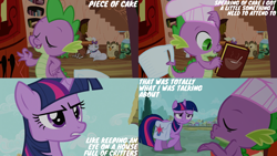 Size: 4400x2475 | Tagged: safe, edit, edited screencap, editor:quoterific, screencap, gummy, opalescence, owlowiscious, spike, tank, twilight sparkle, winona, pony, unicorn, g4, just for sidekicks, bag, book, golden oaks library, saddle bag, unicorn twilight