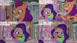 Size: 4400x2475 | Tagged: safe, edit, edited screencap, editor:quoterific, screencap, pipp petals, sunny starscout, earth pony, pegasus, pony, g5, my little pony: tell your tale, pippsqueaks forever, spoiler:g5, spoiler:my little pony: tell your tale, spoiler:tyts01e28, beard, facial hair, female, mane stripe sunny, mare