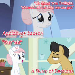 Size: 1920x1920 | Tagged: safe, edit, edited screencap, editor:itsmgh1203, screencap, cherry cola, cherry fizzy, nurse redheart, earth pony, pony, a flurry of emotions, applebuck season, g4, season 1, season 7, duo, duo male and female, female, male, mare, open mouth, open smile, smiling, stallion, text