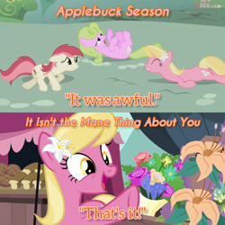 Size: 1920x1920 | Tagged: safe, edit, edited screencap, editor:itsmgh1203, screencap, daisy, flower wishes, lily, lily valley, roseluck, earth pony, pony, applebuck season, g4, it isn't the mane thing about you, season 1, season 7, eyes closed, female, floppy ears, flower, flower trio, mare, open mouth, open smile, smiling, text, trio, trio female