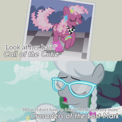 Size: 1920x1920 | Tagged: safe, edit, edited screencap, editor:itsmgh1203, screencap, cheerilee, silver spoon, earth pony, pony, call of the cutie, crusaders of the lost mark, g4, my little pony: friendship is magic, season 1, season 5, duo, duo female, eyes closed, female, filly, foal, mare, open mouth, open smile, smiling, text