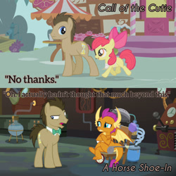 Size: 1920x1920 | Tagged: safe, edit, edited screencap, editor:itsmgh1203, screencap, apple bloom, doctor whooves, smolder, time turner, dragon, earth pony, pony, a horse shoe-in, call of the cutie, g4, season 1, season 9, apple bloom's bow, bow, crossed arms, dragoness, female, hair bow, male, open mouth, open smile, smiling, stallion, sugarcube corner, text