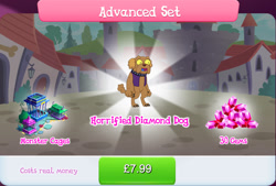 Size: 1272x861 | Tagged: safe, gameloft, idw, shakes, diamond dog, g4, my little pony: magic princess, advanced set, blue tongue, brown fur, bundle, bush, cage, choker, collar, costs real money, dog collar, english, gem, horrified, idw showified, male, numbers, open mouth, sale, shock, shocked, shocked expression, solo, spikes, text, yellow eyes