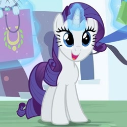 Size: 377x377 | Tagged: safe, screencap, rarity, pony, unicorn, g4, sweet and elite, adorable face, bag, cropped, cute, female, glowing, glowing horn, horn, levitation, magic, mare, open mouth, open smile, raribetes, shopping bag, smiling, solo, telekinesis