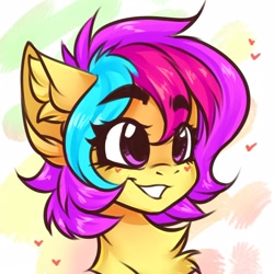 Size: 1601x1600 | Tagged: safe, artist:falafeljake, oc, oc only, oc:cuihua, earth pony, pony, chest fluff, cute, ear fluff, eyebrows, eyebrows visible through hair, female, heart, mare, multicolored hair, simple background, sketch, smiling, solo