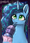 Size: 1266x1768 | Tagged: safe, artist:llametsul, misty (g5), pony, unicorn, g5, colored sketch, female, mare, scene interpretation, signature, sketch, smoothie, solo, that pony sure does love smoothies, unshorn fetlocks