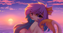 Size: 2048x1080 | Tagged: safe, artist:airiniblock, oc, oc only, oc:sakari, merpony, pony, ear fins, eye clipping through hair, fish tail, ocean, solo, sun, sunset, tail, water